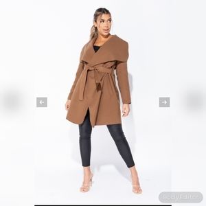 Brown Mid Length Oversized Belted Waterfall Coat